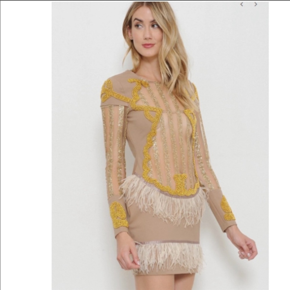 L'ATISTE Isabella Feather Beaded Mini Dress